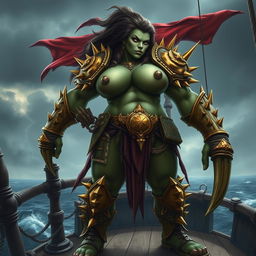 An imposing female orc gally captain, known as Crimson Fang, showcases her powerful presence