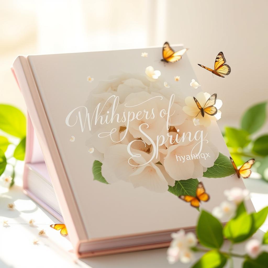 A stunning book titled "Whispers of Spring" featuring a beautiful Hydrangea as the central visual element