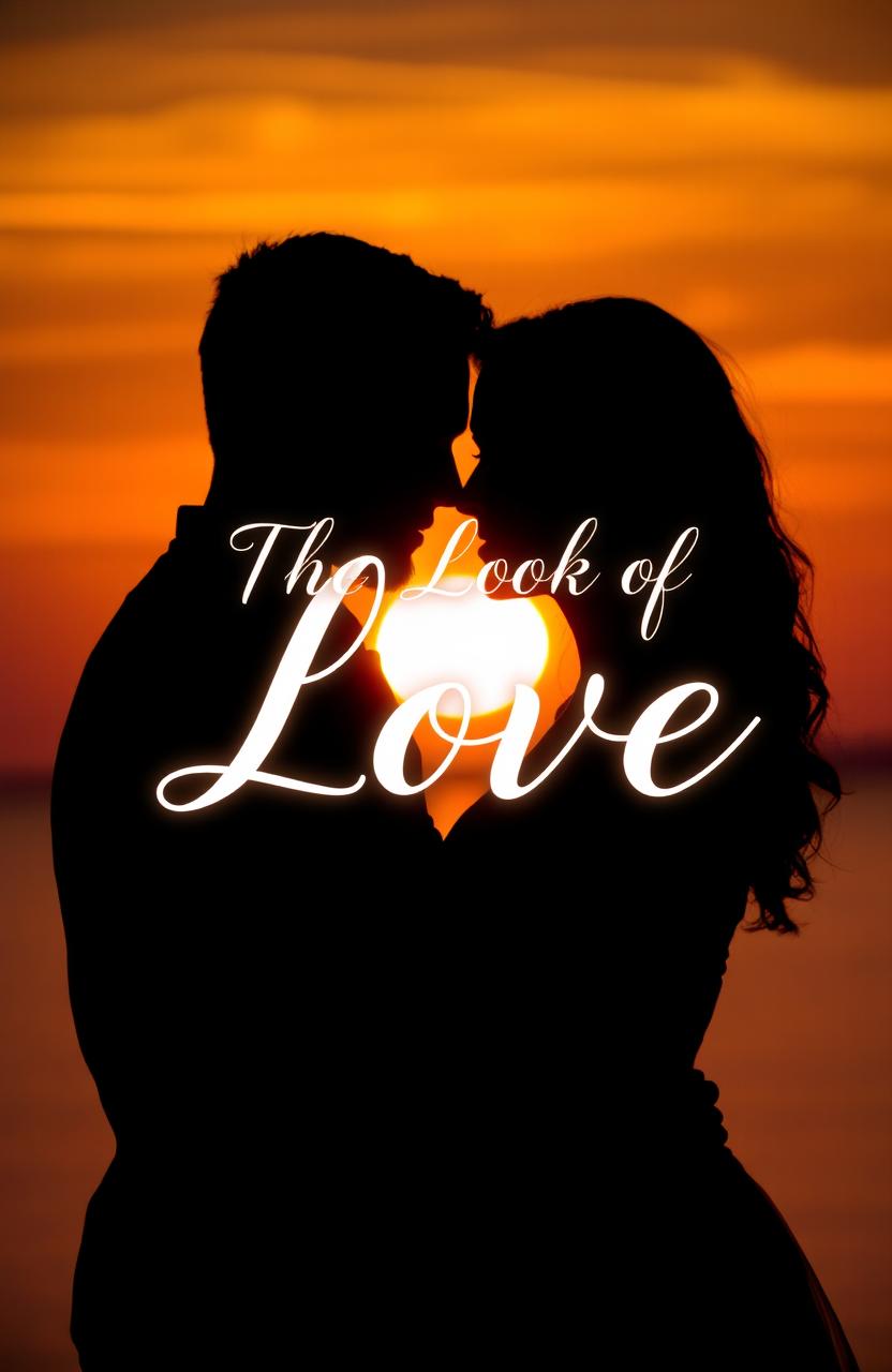 Silhouette of a couple embracing against a stunning sunset backdrop, with the warm golden and orange hues illuminating their forms, creating an atmosphere of love and connection