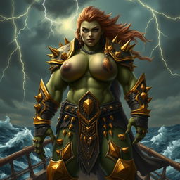 An imposing female orc gally captain named Crimson Fang, exuding strength and confidence