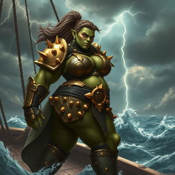 An imposing female orc gally captain named Crimson Fang, exuding strength and confidence