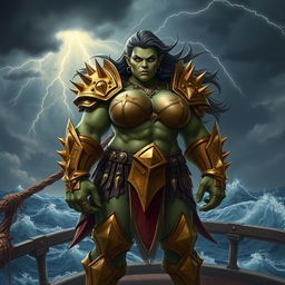 An imposing female orc gally captain named Crimson Fang, exuding strength and confidence