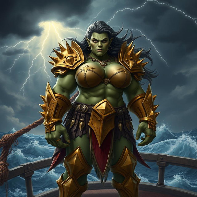 An imposing female orc gally captain named Crimson Fang, exuding strength and confidence