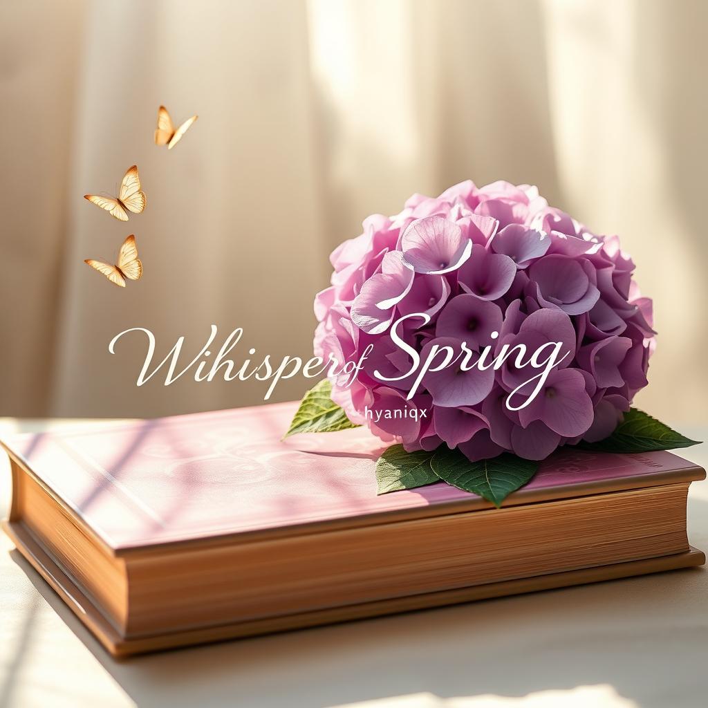 A stunning book titled 'Whispers of Spring' with a beautiful Hydrangea on the cover, featuring the author's name 'hyaniqx' elegantly displayed