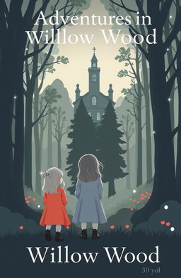 A minimalist fantasy book cover featuring three young girls, approximately three years old, standing in front of an enchanted forest