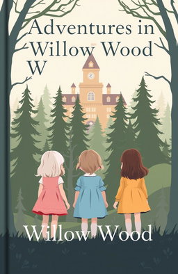 A minimalist fantasy book cover featuring three young girls, approximately three years old, standing in front of an enchanted forest