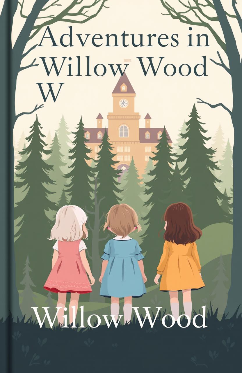 A minimalist fantasy book cover featuring three young girls, approximately three years old, standing in front of an enchanted forest