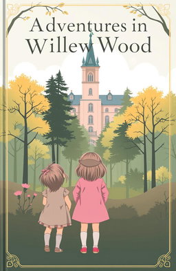 A minimalist fantasy book cover featuring three young girls, approximately three years old, standing in front of an enchanted forest