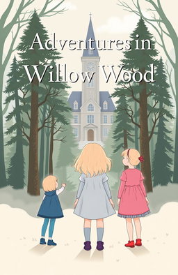 A minimalist fantasy book cover featuring three young girls, approximately three years old, standing in front of an enchanted forest