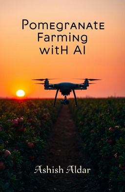 A panoramic view of a pomegranate farm at sunset, showcasing rows of lush pomegranate trees bathed in warm orange and pink hues