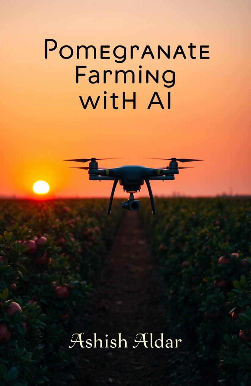 A panoramic view of a pomegranate farm at sunset, showcasing rows of lush pomegranate trees bathed in warm orange and pink hues