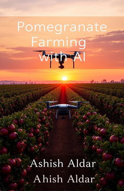 A panoramic view of a pomegranate farm at sunset, showcasing rows of lush pomegranate trees bathed in warm orange and pink hues