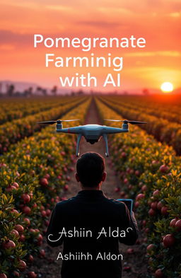 A panoramic view of a pomegranate farm at sunset, showcasing rows of lush pomegranate trees bathed in warm orange and pink hues