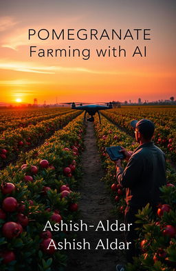 A panoramic view of a pomegranate farm at sunset, showcasing rows of lush pomegranate trees bathed in warm orange and pink hues