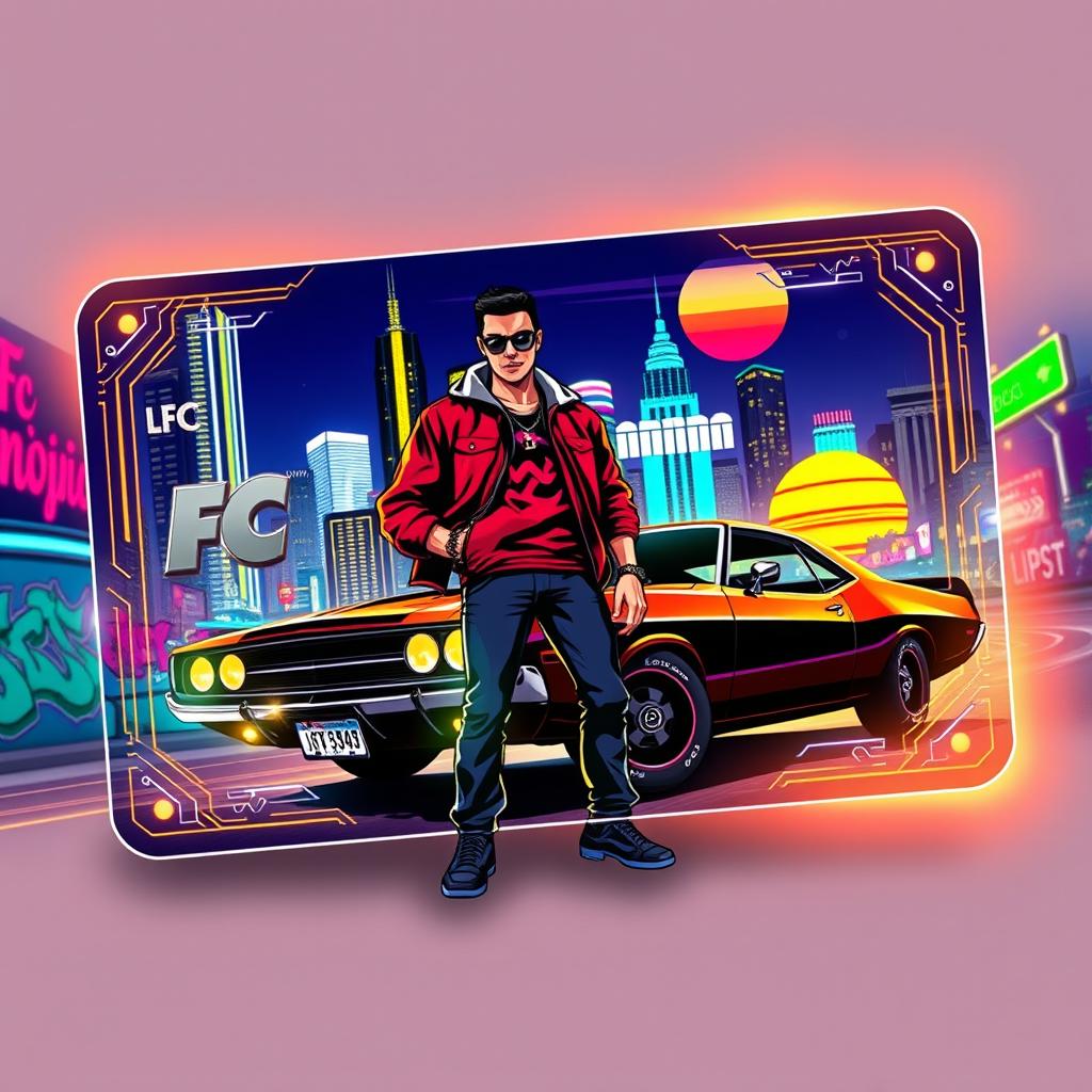 A dynamic design for an FC Mobile card that embodies the vibes of Grand Theft Auto (GTA)