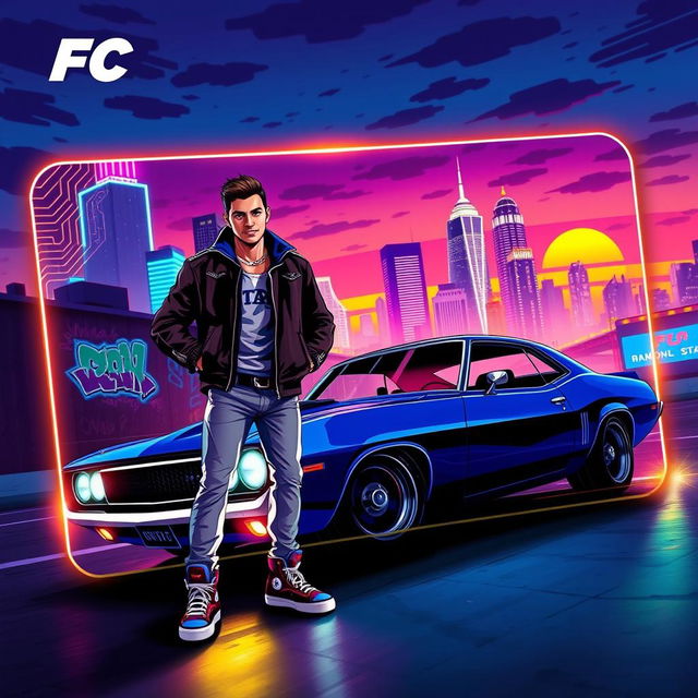 A dynamic design for an FC Mobile card that embodies the vibes of Grand Theft Auto (GTA)