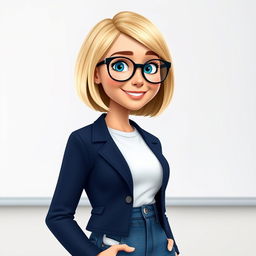 A Disney Pixar-style character of a pretty 50-year-old female teacher with a bob haircut featuring blond highlights and sparkling blue eyes
