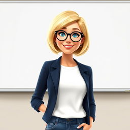 A Disney Pixar-style character of a pretty 50-year-old female teacher with a bob haircut featuring blond highlights and sparkling blue eyes