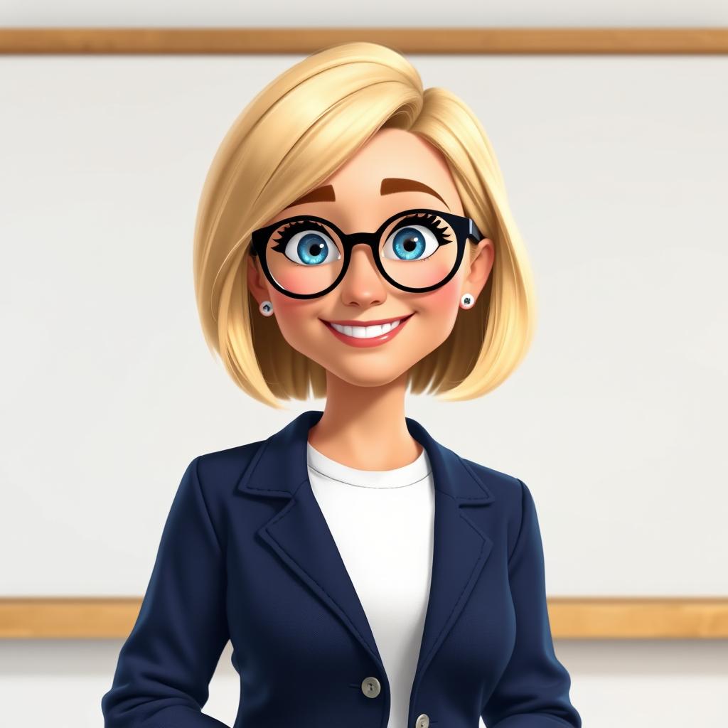 A Disney Pixar-style character of a pretty 50-year-old female teacher with a bob haircut featuring blond highlights and sparkling blue eyes