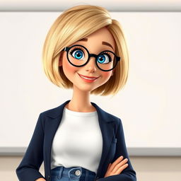 A Disney Pixar-style character of a pretty 50-year-old female teacher with a bob haircut featuring blond highlights and sparkling blue eyes