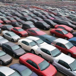 A spacious used car lot filled with a variety of cars from different years and models, with colorful price tags hanging from the mirrors.