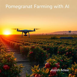 A book cover for the title "Pomegranate Farming with AI" featuring a panoramic view of a vibrant pomegranate farm at sunset