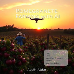 A book cover for the title "Pomegranate Farming with AI" featuring a panoramic view of a vibrant pomegranate farm at sunset