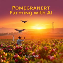 A book cover for the title "Pomegranate Farming with AI" featuring a panoramic view of a vibrant pomegranate farm at sunset