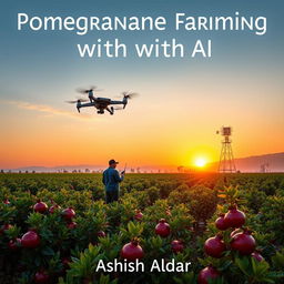 A book cover for the title "Pomegranate Farming with AI" featuring a panoramic view of a vibrant pomegranate farm at sunset