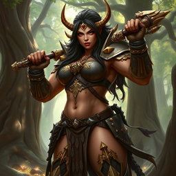 A fierce female orc captain named Crimson Fang, showcasing her impressive strength and confidence