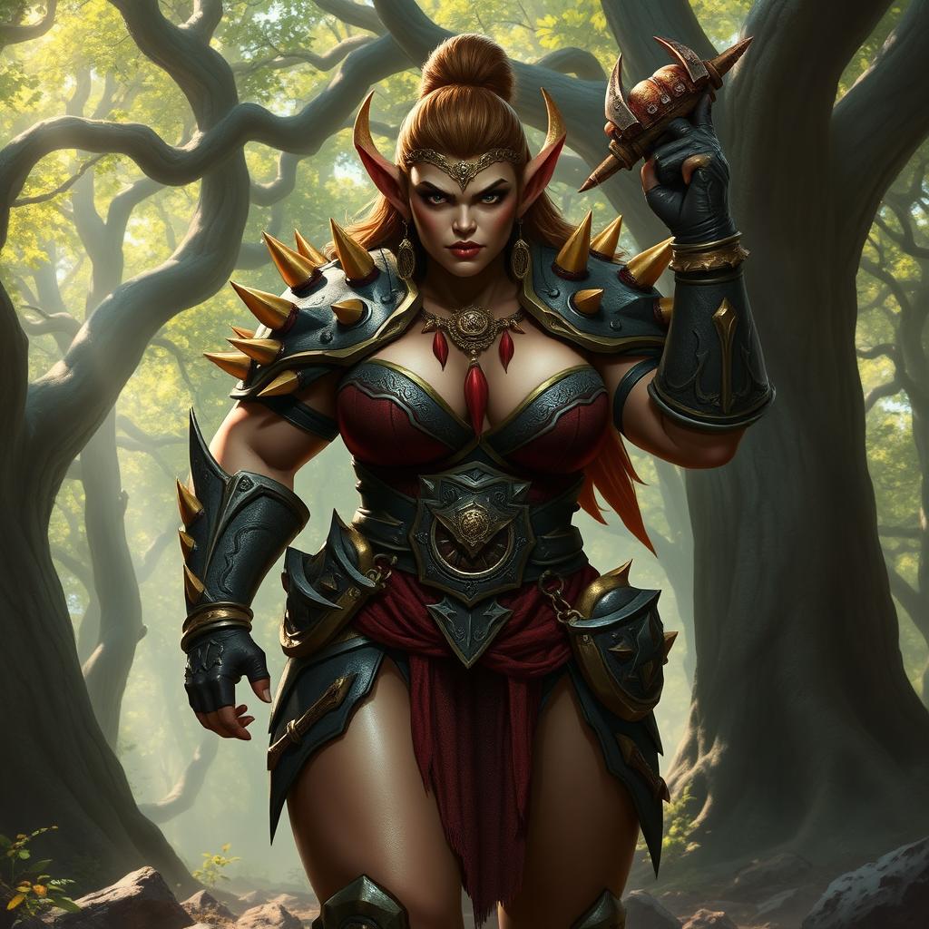 A fierce female orc captain named Crimson Fang, showcasing her impressive strength and confidence