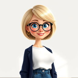 A Disney Pixar-style character depicting a pretty female teacher aged 50, characterized by a stylish bob haircut with blond highlights, bright blue eyes, and round black-framed glasses