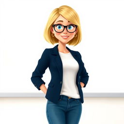 A Disney Pixar-style character depicting a pretty female teacher aged 50, characterized by a stylish bob haircut with blond highlights, bright blue eyes, and round black-framed glasses