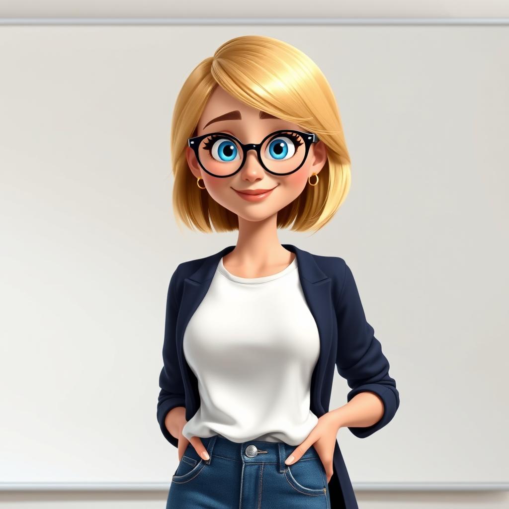 A Disney Pixar-style character depicting a pretty female teacher aged 50, characterized by a stylish bob haircut with blond highlights, bright blue eyes, and round black-framed glasses