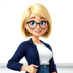 A Disney Pixar-style character depicting a pretty female teacher aged 50, characterized by a stylish bob haircut with blond highlights, bright blue eyes, and round black-framed glasses