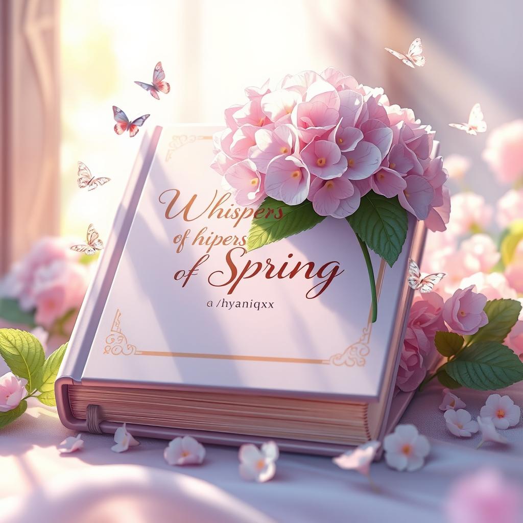 A stunning book titled 'Whispers of Spring' adorned with a beautiful Hydrangea on the cover, featuring the author's name 'hyaniqx' in an elegant, whimsical script