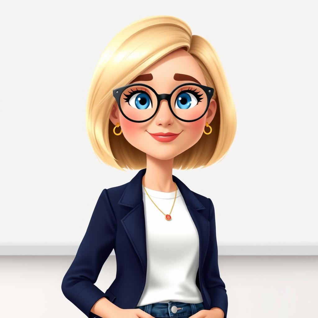 A Disney Pixar-style character of a pretty female teacher, age 50, featuring a stylish bob haircut with blond highlights and striking blue eyes