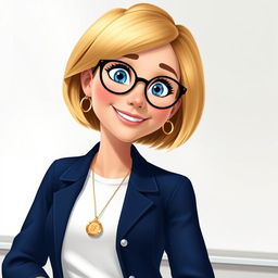 A Disney Pixar-style character of a pretty female teacher, age 50, featuring a stylish bob haircut with blond highlights and striking blue eyes