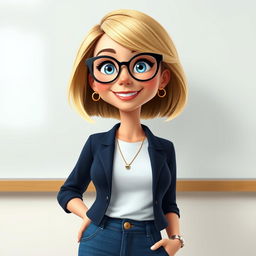 A Disney Pixar-style character of a pretty female teacher, age 50, featuring a stylish bob haircut with blond highlights and striking blue eyes