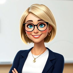 A Disney Pixar-style character of a pretty female teacher, age 50, featuring a stylish bob haircut with blond highlights and striking blue eyes