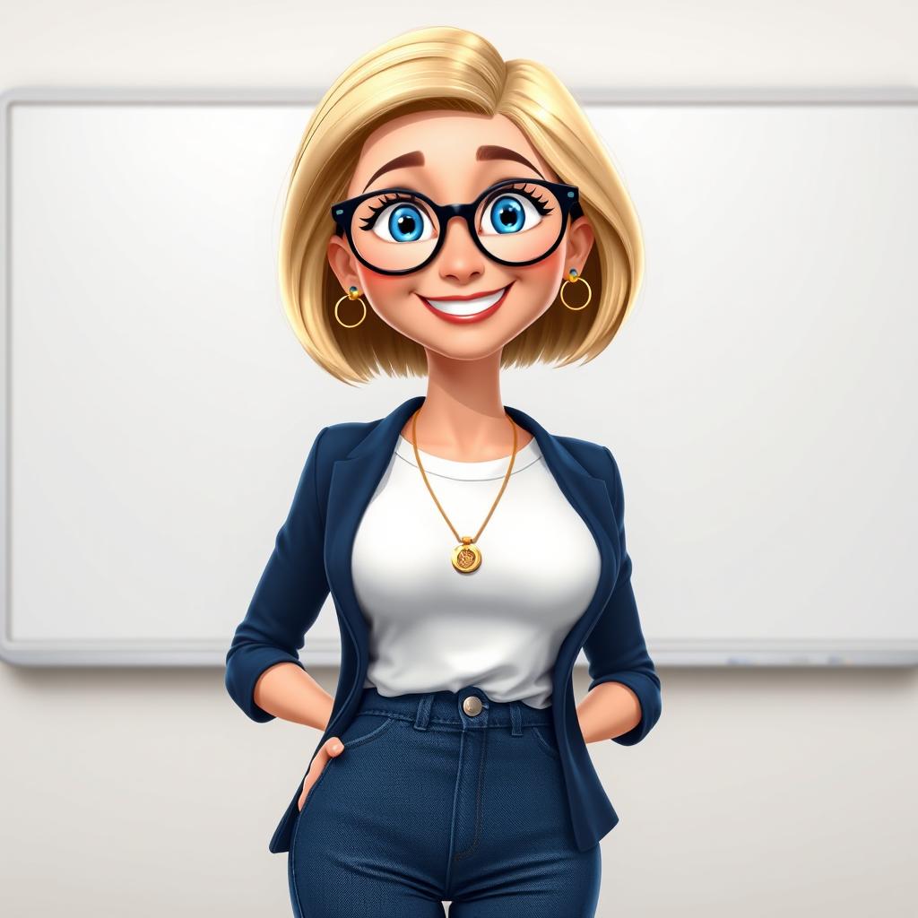 A Disney Pixar-style character of a pretty 50-year-old female teacher with a cheerful demeanor