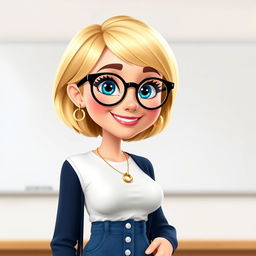 A Disney Pixar-style character of a pretty 50-year-old female teacher with a cheerful demeanor