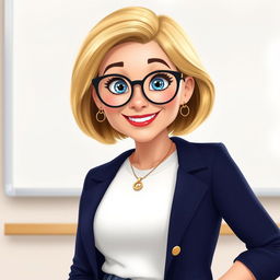A Disney Pixar-style character of a pretty 50-year-old female teacher with a cheerful demeanor