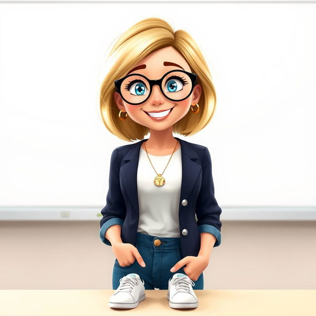 A Disney Pixar-style character of a pretty 50-year-old female teacher with a cheerful demeanor