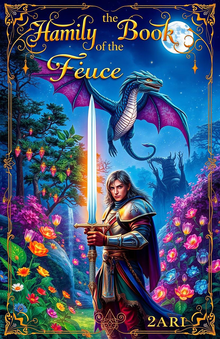 A vibrant and enchanting fantasy book cover featuring a mystical forest filled with glowing flowers and magical creatures