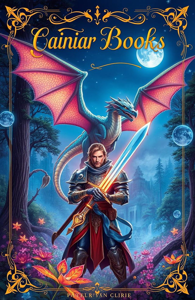 A vibrant and enchanting fantasy book cover featuring a mystical forest filled with glowing flowers and magical creatures