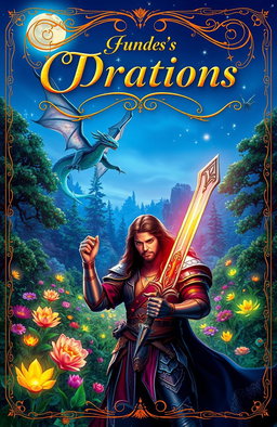 A vibrant and enchanting fantasy book cover featuring a mystical forest filled with glowing flowers and magical creatures