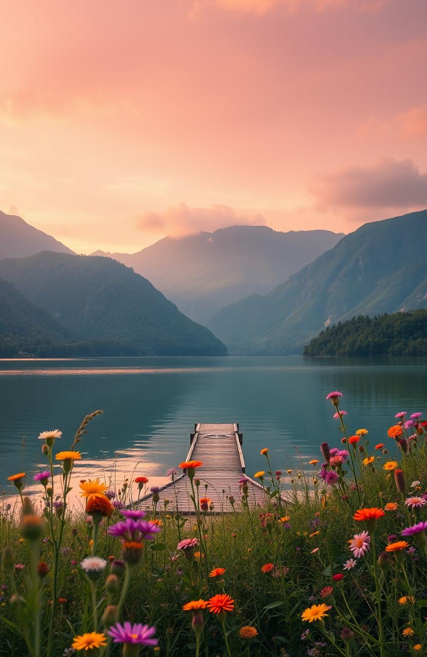A highly detailed and vibrant image showcasing a serene landscape with a vast, shimmering lake surrounded by lush green mountains