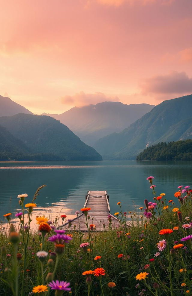 A highly detailed and vibrant image showcasing a serene landscape with a vast, shimmering lake surrounded by lush green mountains