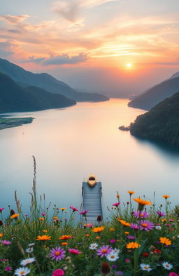 A highly detailed and vibrant image showcasing a serene landscape with a vast, shimmering lake surrounded by lush green mountains